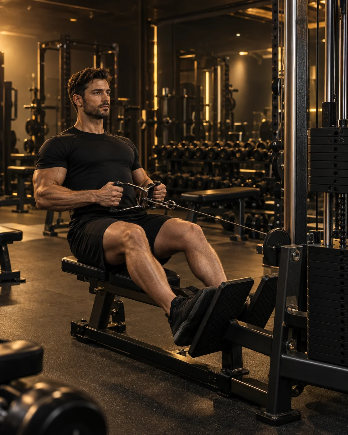 Illustration of an athlete training on a seated cable row in a warmly lit gym
